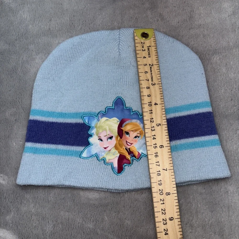 Disney Frozen Girls Youth Blue Stripes Anna & Elsa Beanie, Pom-Pom Hat Sz 8